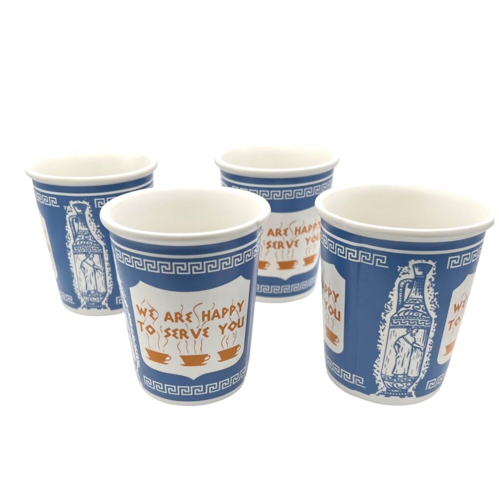 "We Are Happy To Serve You" Ceramic Coffee Cups (Set of 4) New York Greek Design - Picture 4 of 7